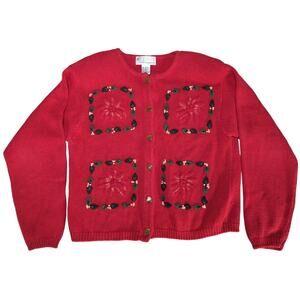 VTG Milano Design Group Womens M Red Knit Floral Cardigan Sweater Ramie